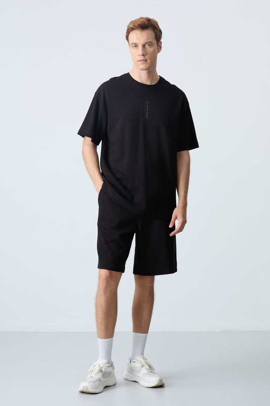 Black Cotton Thick Soft Textured Oversize Fit Basic Men's Shorts Set - 85258