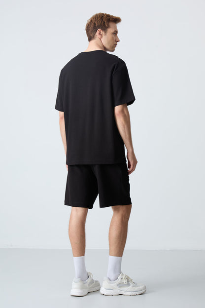 Black Cotton Thick Soft Textured Oversize Fit Basic Men's Shorts Set - 85258