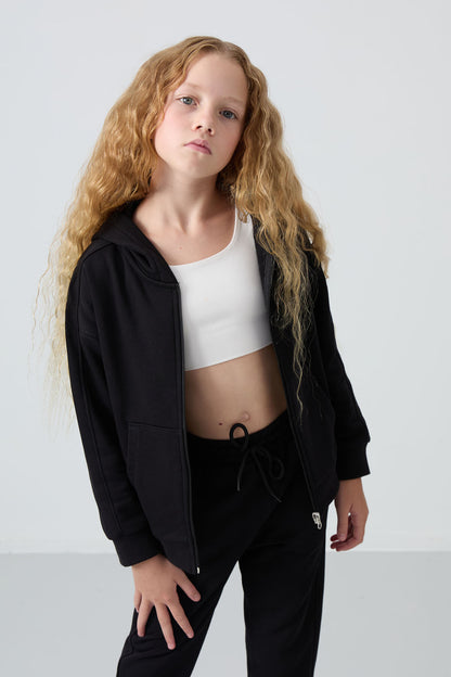 Black Cotton Fleece-Lined Soft Textured Standard Fit Embroidered Girls' Tracksuit Set - 75148