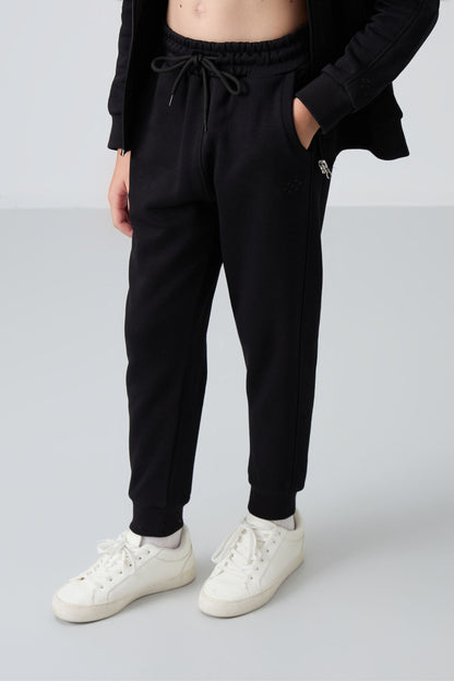 Black Cotton Fleece-Lined Soft Textured Standard Fit Embroidered Girls' Tracksuit Set - 75148