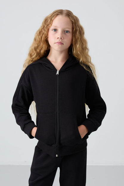 Black Cotton Fleece-Lined Soft Textured Standard Fit Embroidered Girls' Tracksuit Set - 75148