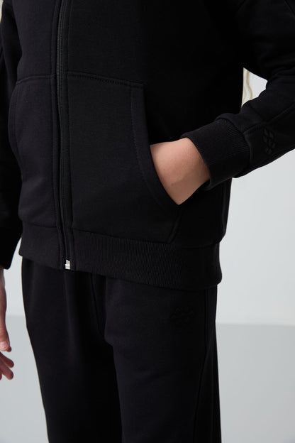 Black Cotton Fleece-Lined Soft Textured Standard Fit Embroidered Girls' Tracksuit Set - 75148