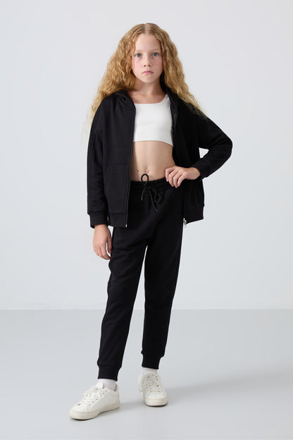 Black Cotton Fleece-Lined Soft Textured Standard Fit Embroidered Girls' Tracksuit Set - 75148