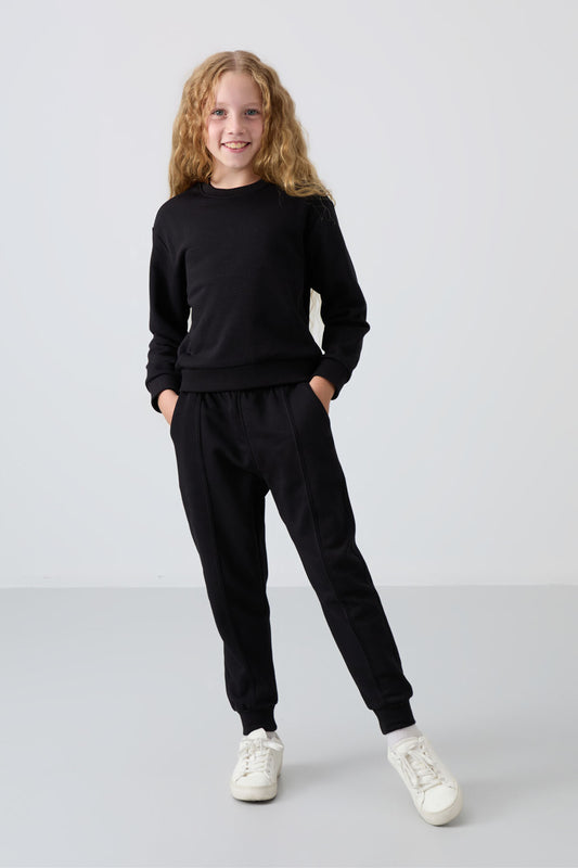 Black Cotton Fleece-Lined Soft Textured Oversize Embroidered Girls' Tracksuit Set - 75145