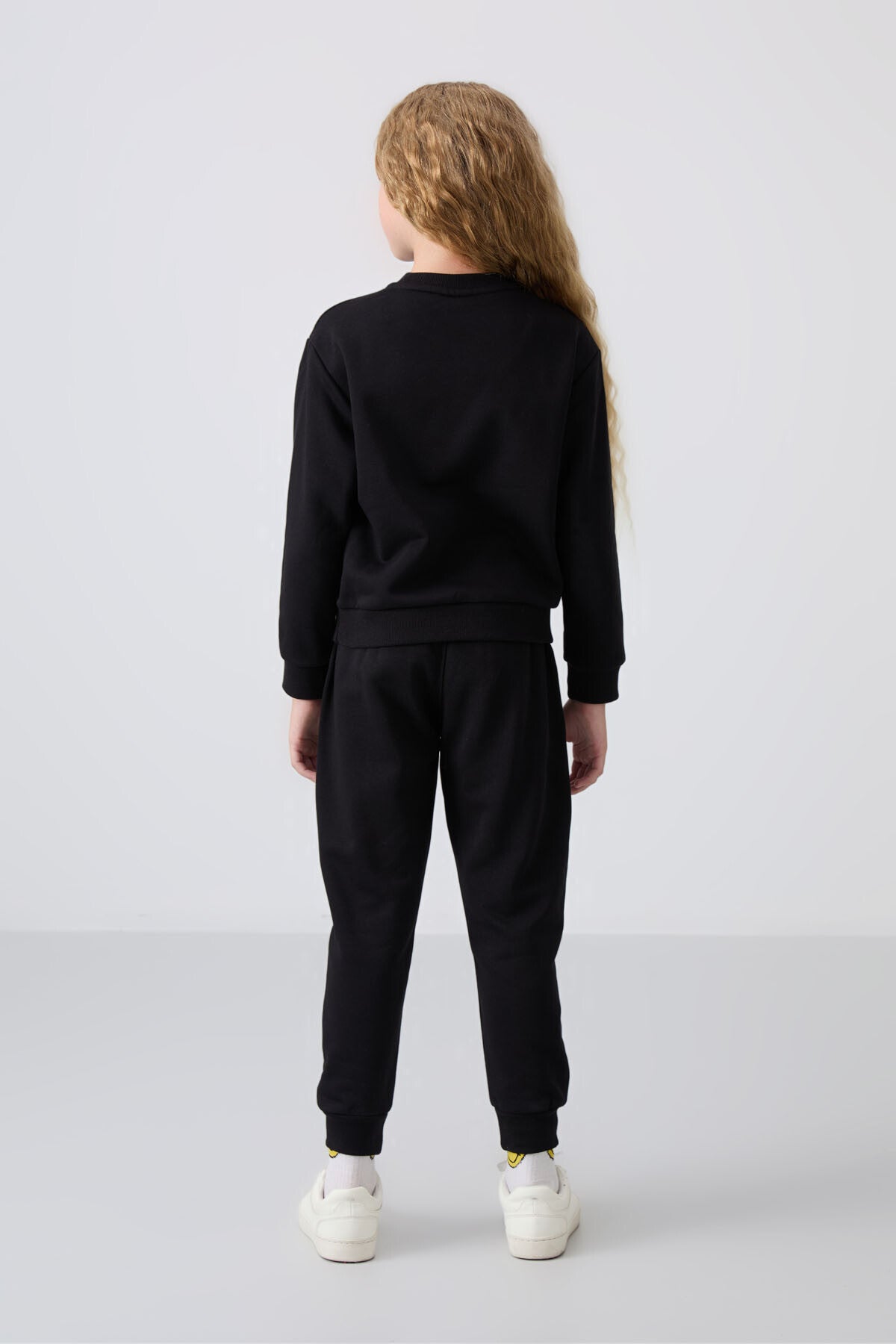 Black Cotton Fleece-Lined Soft Textured Oversize Embroidered Girls' Tracksuit Set - 75145