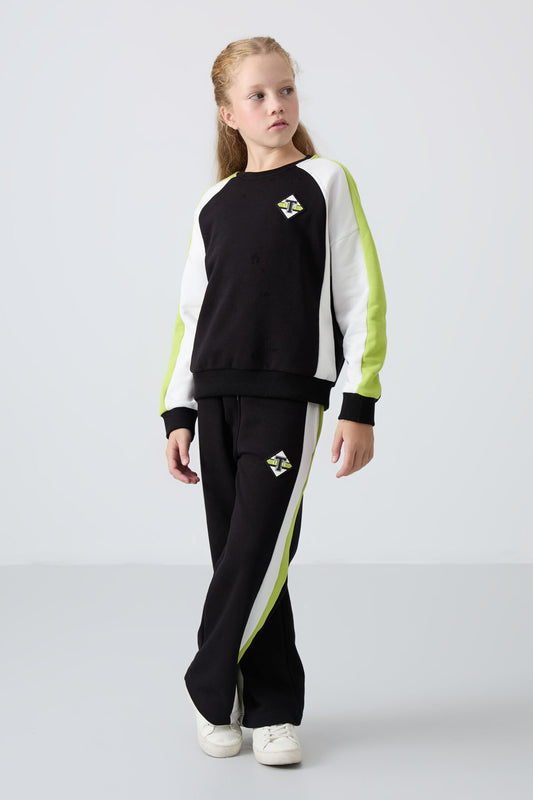 Black Cotton Fleece-Lined Soft Textured Standard Fit Printed Girls' Tracksuit Set - 75165