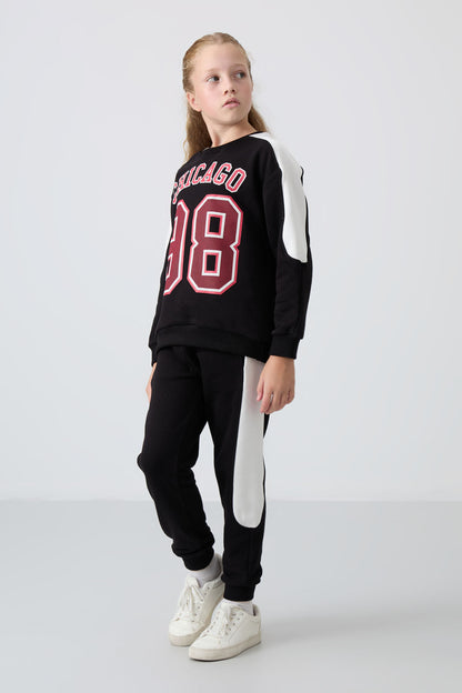 Black Cotton Fleece-Lined Soft Textured Standard Fit Embroidered Girls' Tracksuit Set - 75170