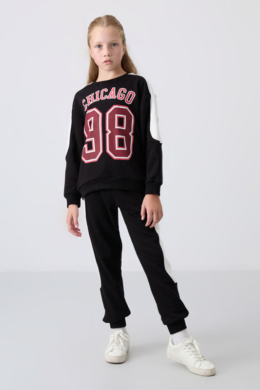 Black Cotton Fleece-Lined Soft Textured Standard Fit Embroidered Girls' Tracksuit Set - 75170