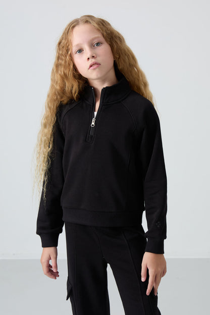 Black Cotton Fleece-Lined Soft Textured Standard Fit Embroidered Girl's Tracksuit Set - 75159