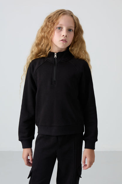 Black Cotton Fleece-Lined Soft Textured Standard Fit Embroidered Girl's Tracksuit Set - 75159