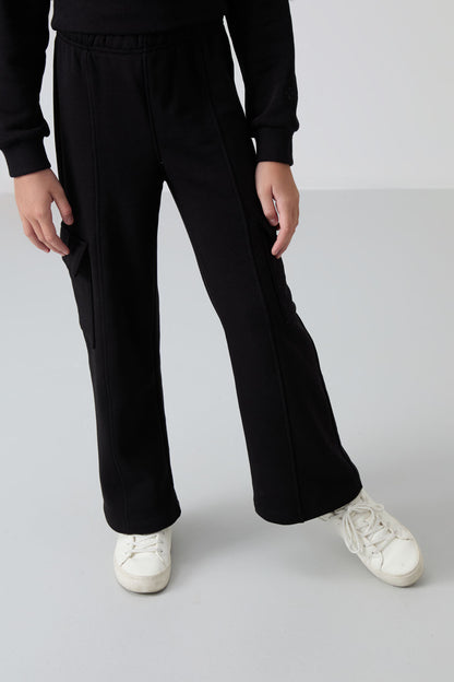 Black Cotton Fleece-Lined Soft Textured Standard Fit Embroidered Girl's Tracksuit Set - 75159