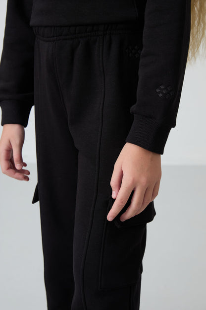 Black Cotton Fleece-Lined Soft Textured Standard Fit Embroidered Girl's Tracksuit Set - 75159