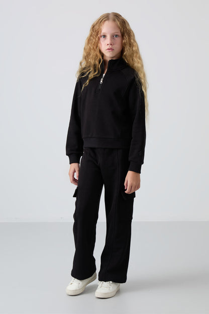 Black Cotton Fleece-Lined Soft Textured Standard Fit Embroidered Girl's Tracksuit Set - 75159