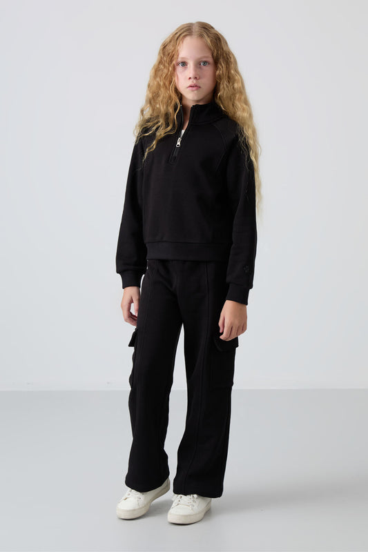 Black Cotton Fleece-Lined Soft Textured Standard Fit Embroidered Girl's Tracksuit Set - 75159