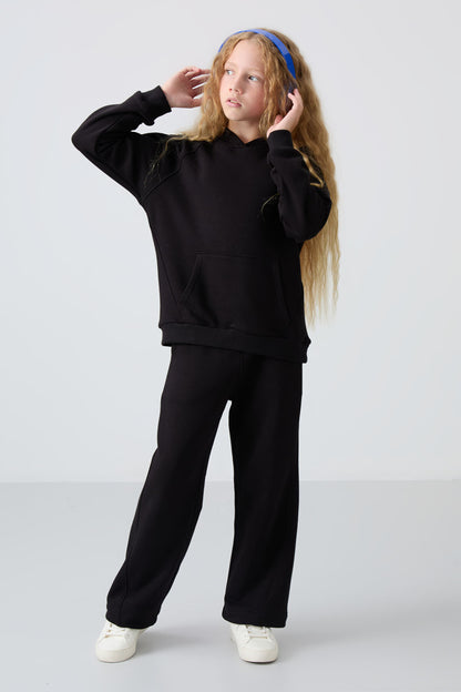 Black Cotton Fleece-Lined Soft Textured Standard Fit Embroidered Girls' Tracksuit Set - 75162
