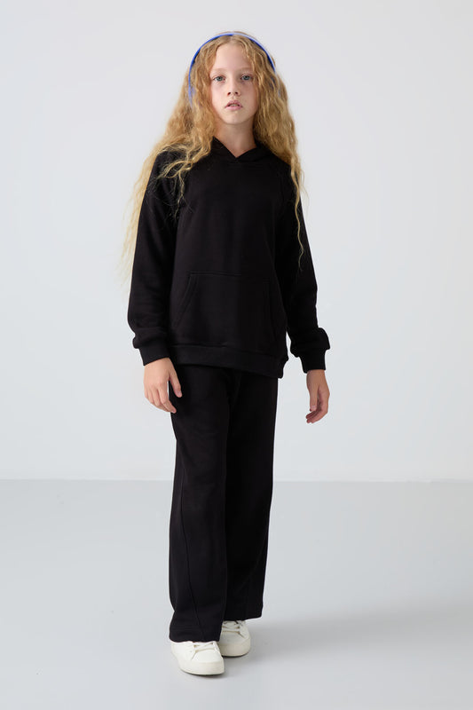 Black Cotton Fleece-Lined Soft Textured Standard Fit Embroidered Girls' Tracksuit Set - 75162