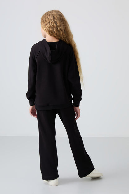 Black Cotton Fleece-Lined Soft Textured Standard Fit Embroidered Girls' Tracksuit Set - 75162
