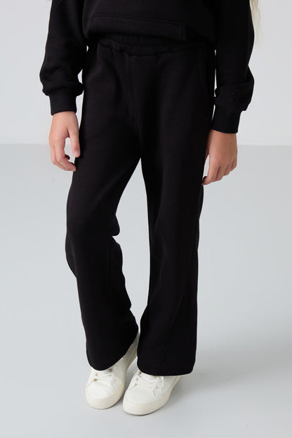 Black Cotton Fleece-Lined Soft Textured Standard Fit Embroidered Girls' Tracksuit Set - 75162