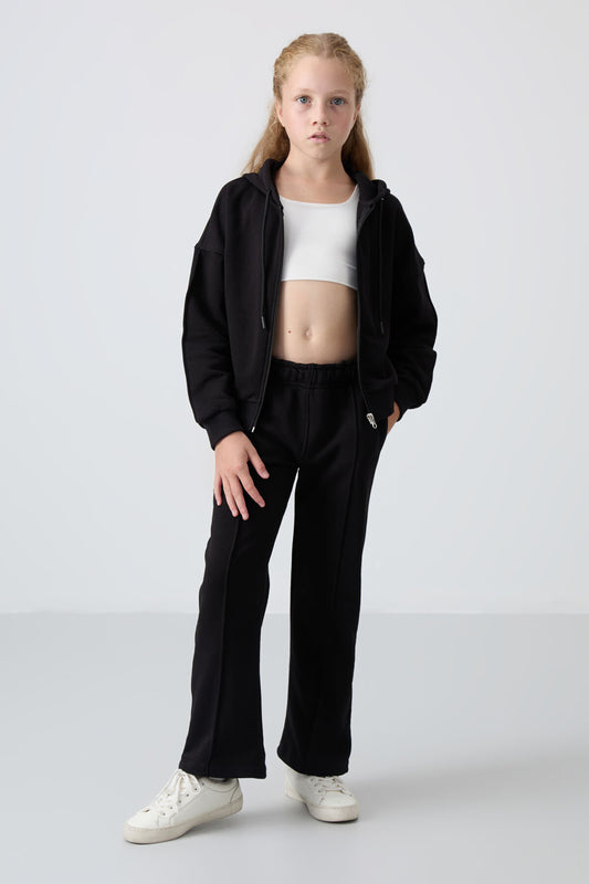 Black Cotton Fleece-Lined Soft Textured Standard Fit Embroidered Girls' Tracksuit Set - 75161