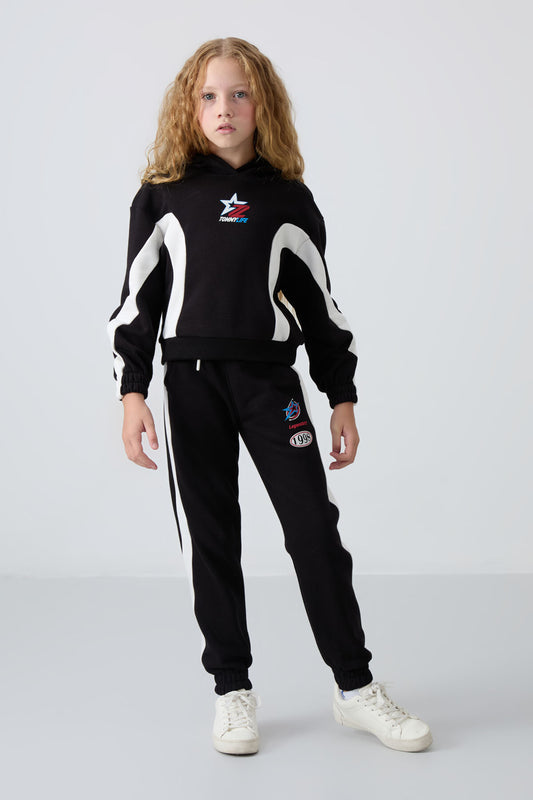 Black Cotton Fleece-Lined Soft Textured Standard Fit Printed Girls' Tracksuit Set - 75166