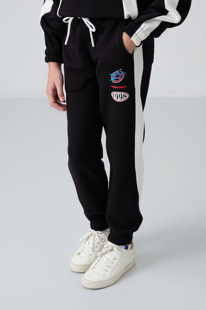 Black Cotton Fleece-Lined Soft Textured Standard Fit Printed Girls' Tracksuit Set - 75166