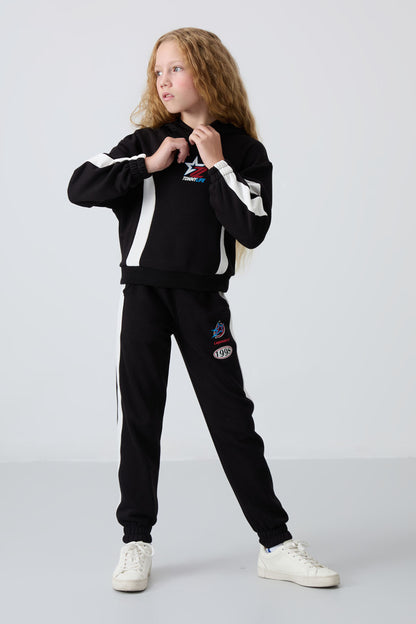 Black Cotton Fleece-Lined Soft Textured Standard Fit Printed Girls' Tracksuit Set - 75166