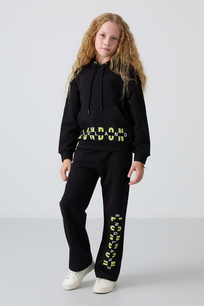 Black Cotton Fleece-Lined Soft Textured Oversize Printed Girls' Tracksuit Set - 75147