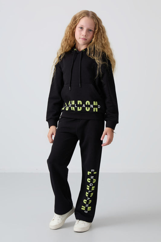 Black Cotton Fleece-Lined Soft Textured Oversize Printed Girls' Tracksuit Set - 75147