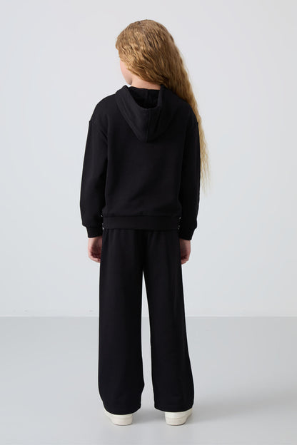 Black Cotton Fleece-Lined Soft Textured Oversize Printed Girls' Tracksuit Set - 75147