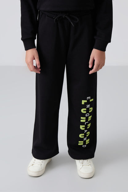 Black Cotton Fleece-Lined Soft Textured Oversize Printed Girls' Tracksuit Set - 75147