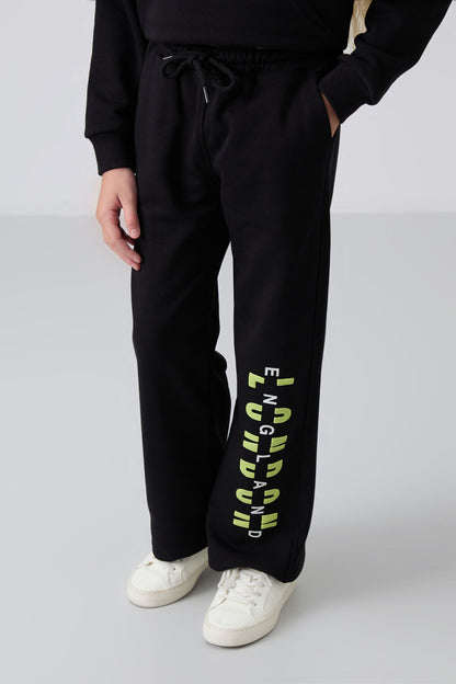 Black Cotton Fleece-Lined Soft Textured Oversize Printed Girls' Tracksuit Set - 75147
