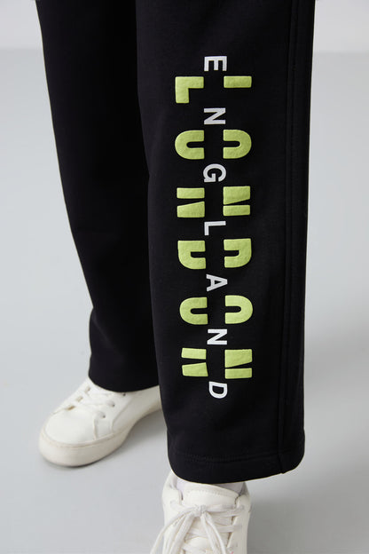 Black Cotton Fleece-Lined Soft Textured Oversize Printed Girls' Tracksuit Set - 75147