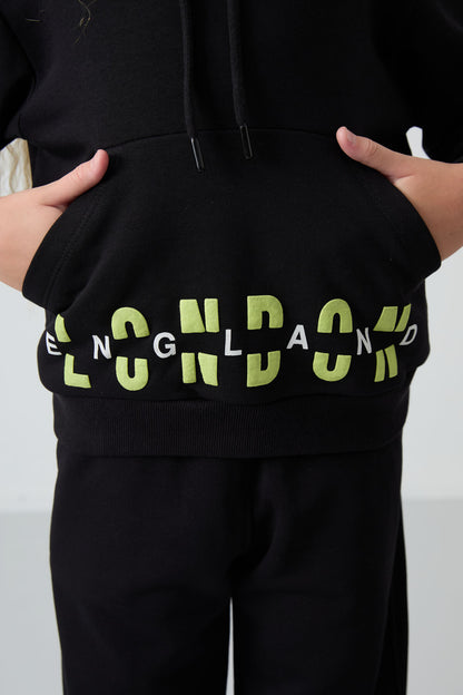 Black Cotton Fleece-Lined Soft Textured Oversize Printed Girls' Tracksuit Set - 75147