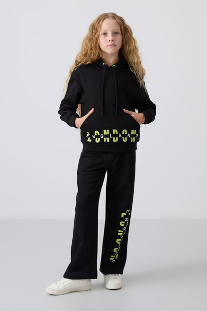 Black Cotton Fleece-Lined Soft Textured Oversize Printed Girls' Tracksuit Set - 75147