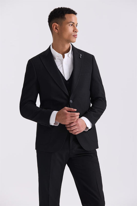 Black Slim Fit Sharp Collar Sports Jacket With A Pattern