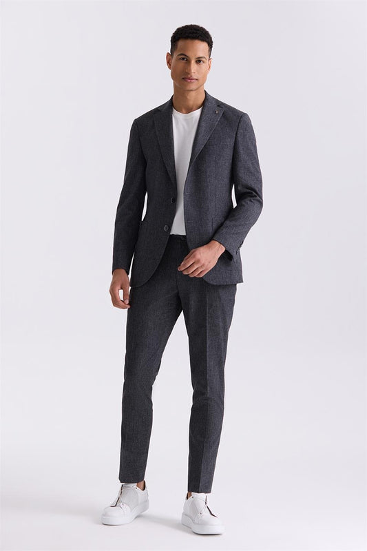 Slim Fit Black Single Collar Linen Suit.