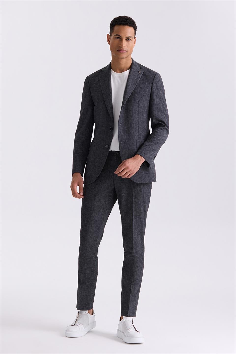 Slim Fit Black Single Collar Linen Suit.