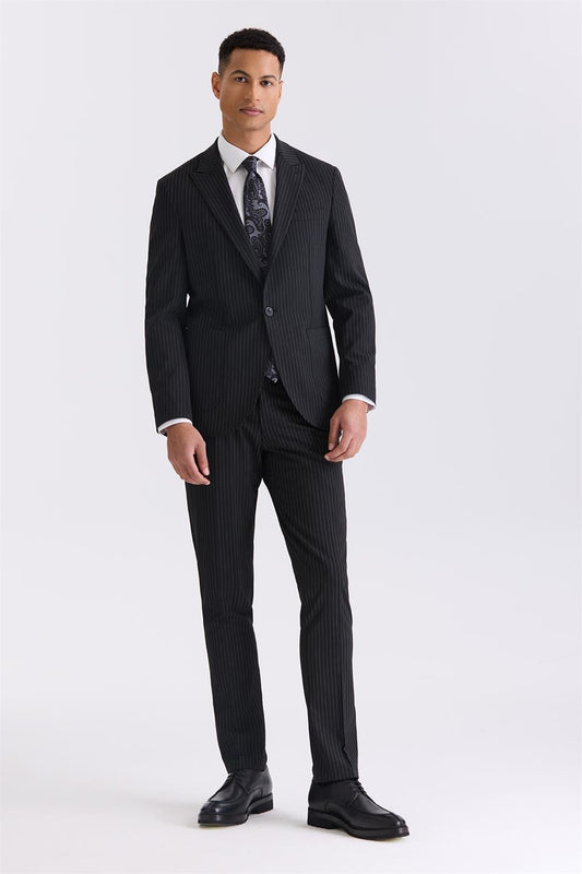 Black Slim Fit Sharp Collar Stretch Striped Jogger Suit.