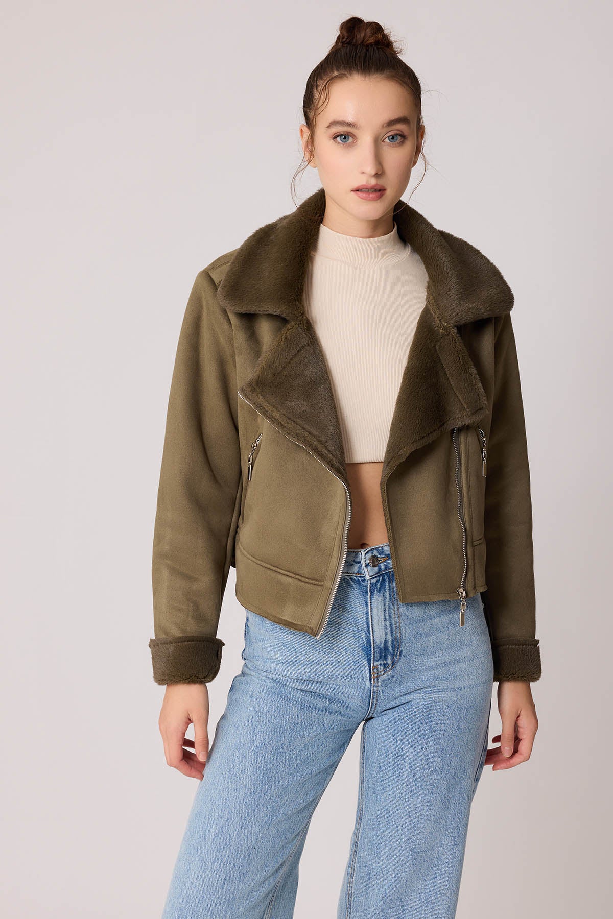 SUET CROP BIKER JACKET WITH FUR