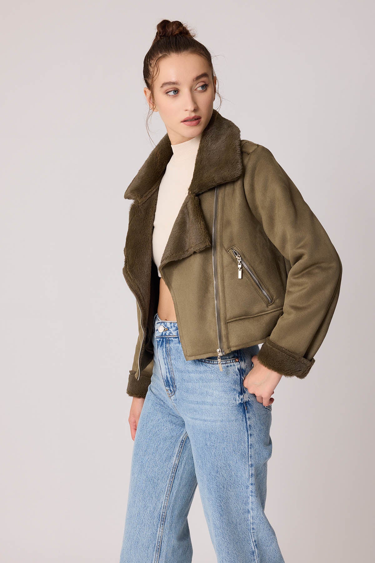 SUET CROP BIKER JACKET WITH FUR
