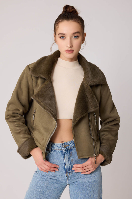 SUET CROP BIKER JACKET WITH FUR