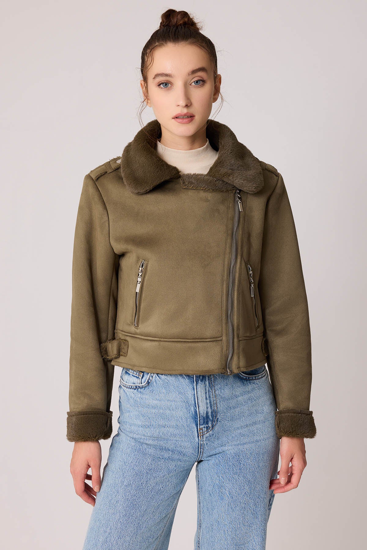 SUET CROP BIKER JACKET WITH FUR