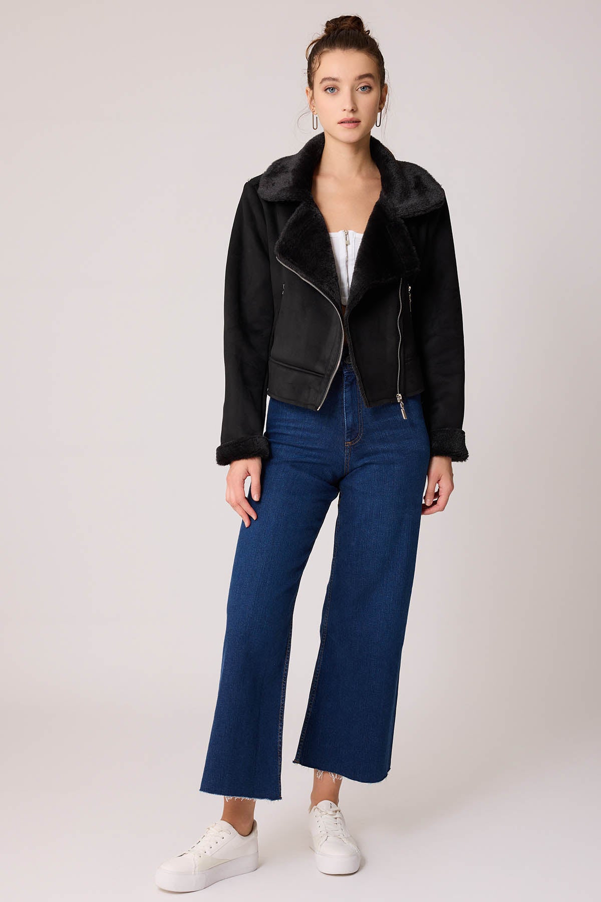SUET CROP BIKER JACKET WITH FUR
