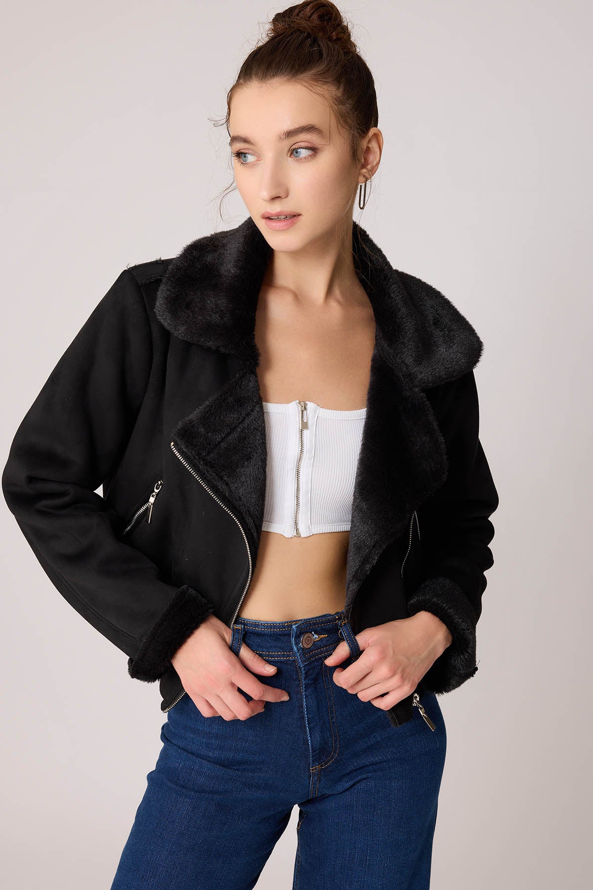 SUET CROP BIKER JACKET WITH FUR
