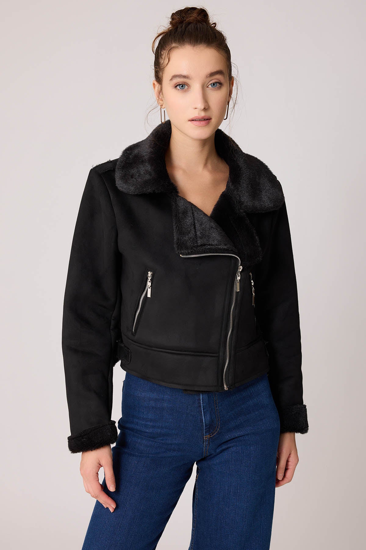 SUET CROP BIKER JACKET WITH FUR
