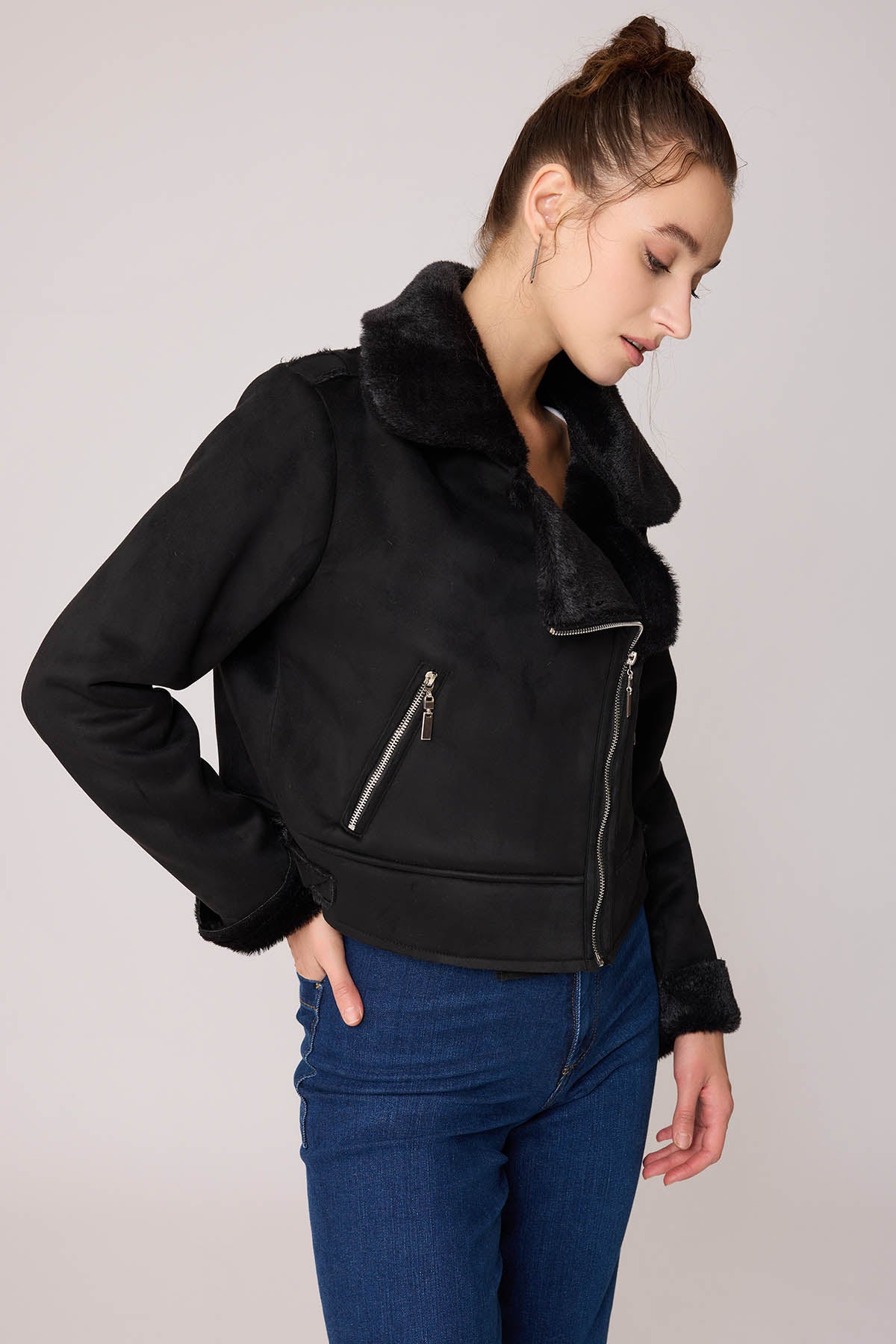SUET CROP BIKER JACKET WITH FUR