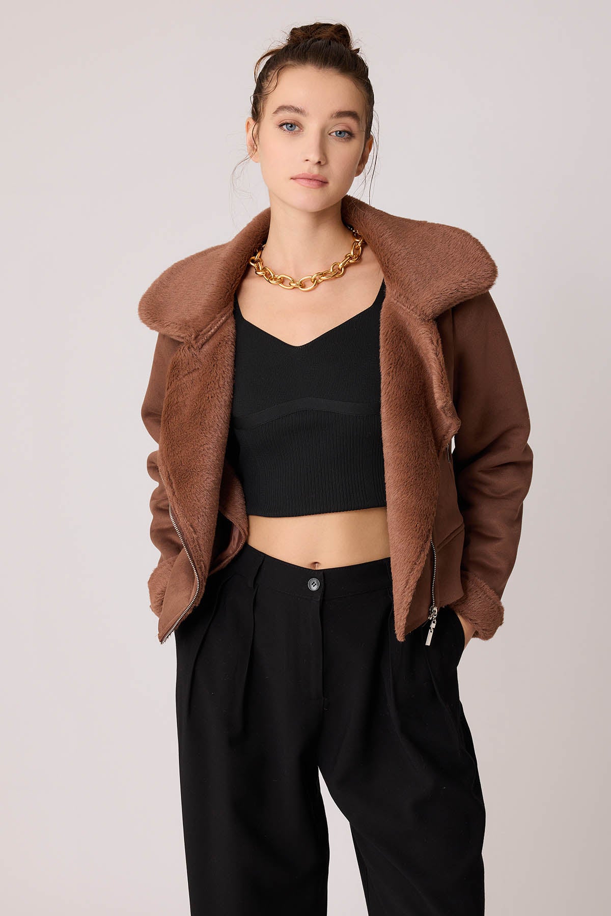 SUET CROP BIKER JACKET WITH FUR