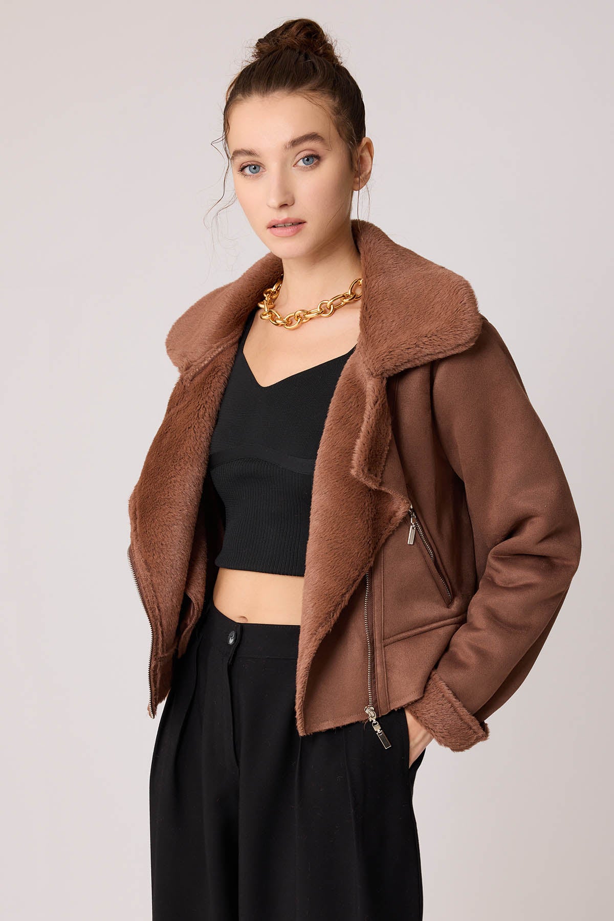 SUET CROP BIKER JACKET WITH FUR