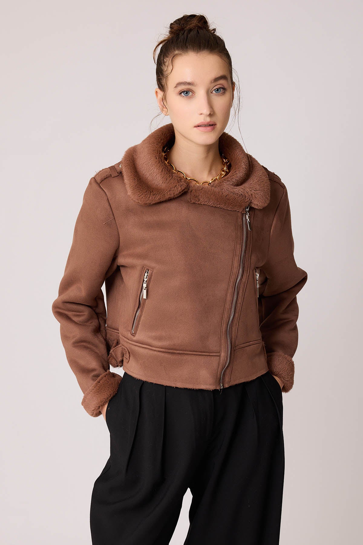 SUET CROP BIKER JACKET WITH FUR