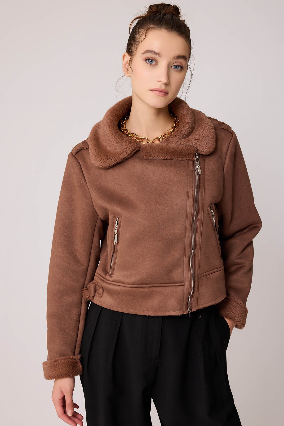SUET CROP BIKER JACKET WITH FUR